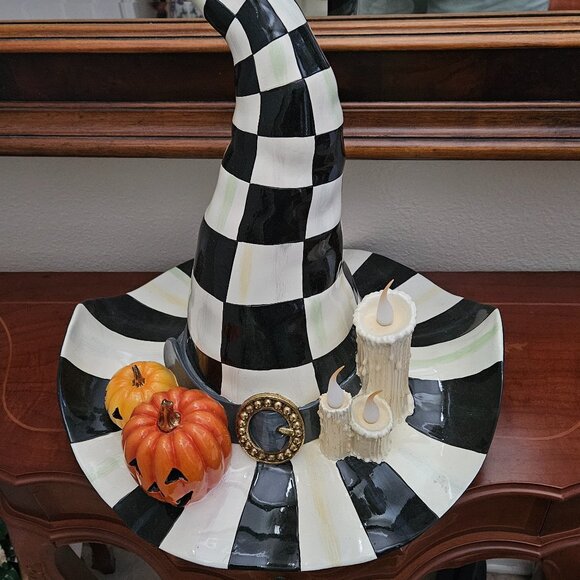 RARE MACKENZIE CHILDS WHICH WITCH HALLOWEEN COURTLY CHECK PUMPKIN HAT LIGHTS UP - Picture 1 of 14